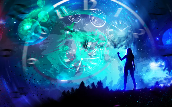 A captivating fantasy anime scene featuring a silhouette against a vibrant cosmic backdrop with clocks and swirling colors, serving as an HD desktop wallpaper.