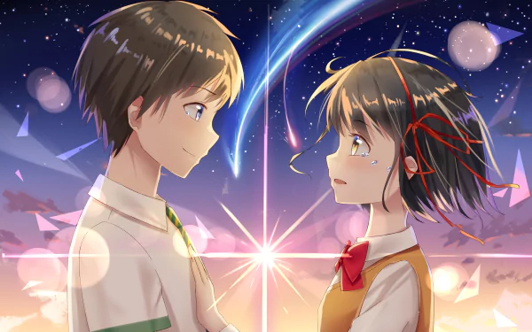 HD wallpaper featuring Taki Tachibana and Mitsuha Miyamizu from Your Name. The image captures a heartfelt moment between the two characters against a starry sky.