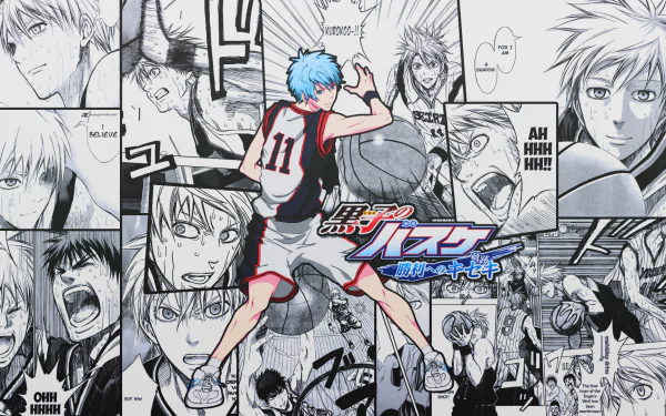 HD wallpaper featuring Tetsuya Kuroko from the anime Kuroko's Basketball, showcasing dynamic basketball scenes and expressive character artwork in a vibrant collage.