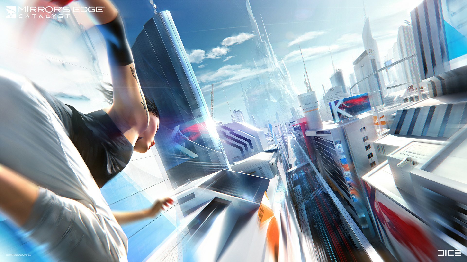 HD PC desktop wallpaper depicting Faith Connors in action from the video game Mirror's Edge Catalyst, showcasing a dynamic cityscape with futuristic buildings.