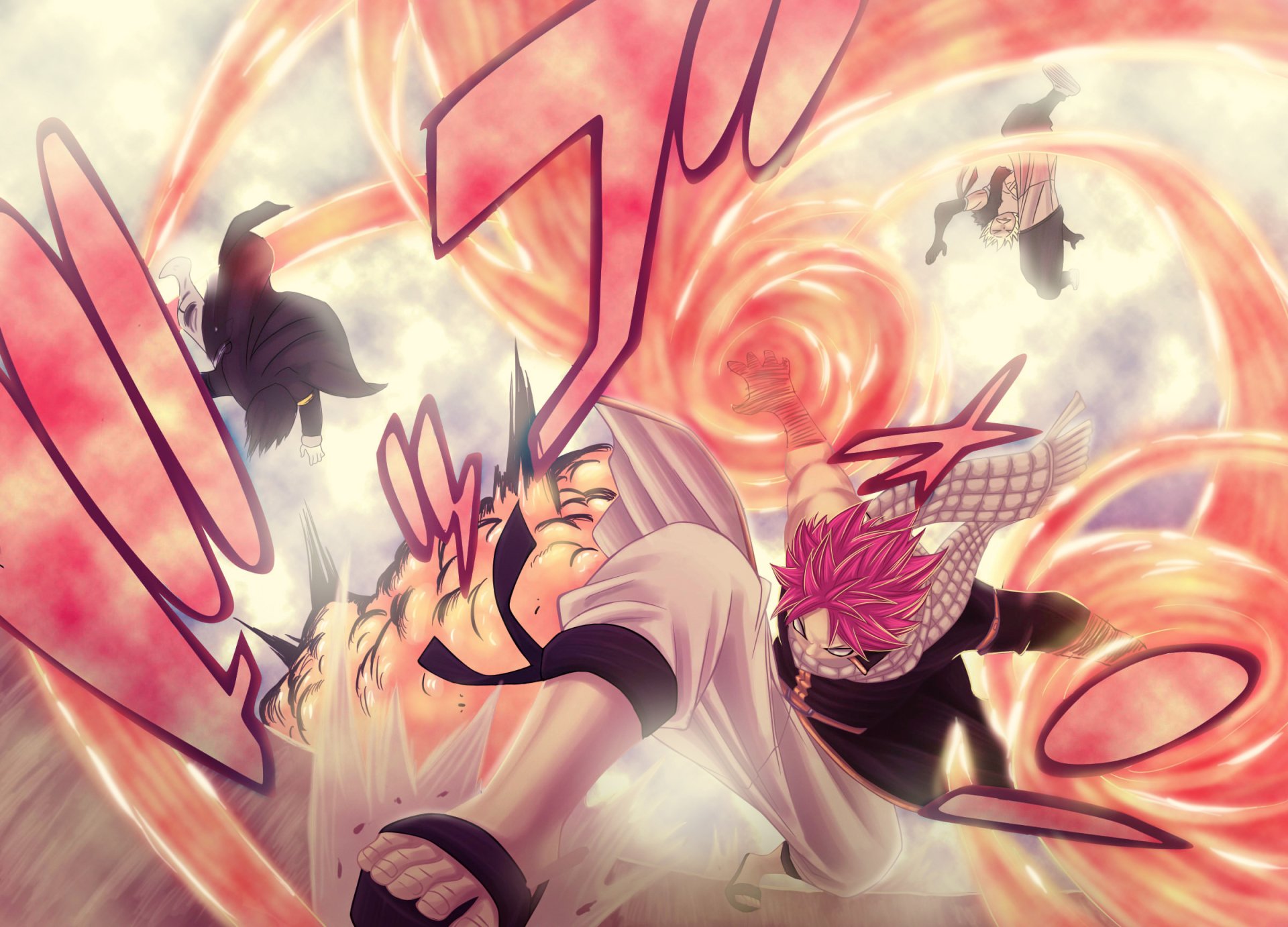 HD anime wallpaper featuring Rogue Cheney, Sting Eucliffe, and Natsu Dragneel from Fairy Tail in dynamic action amidst swirling fiery energy.
