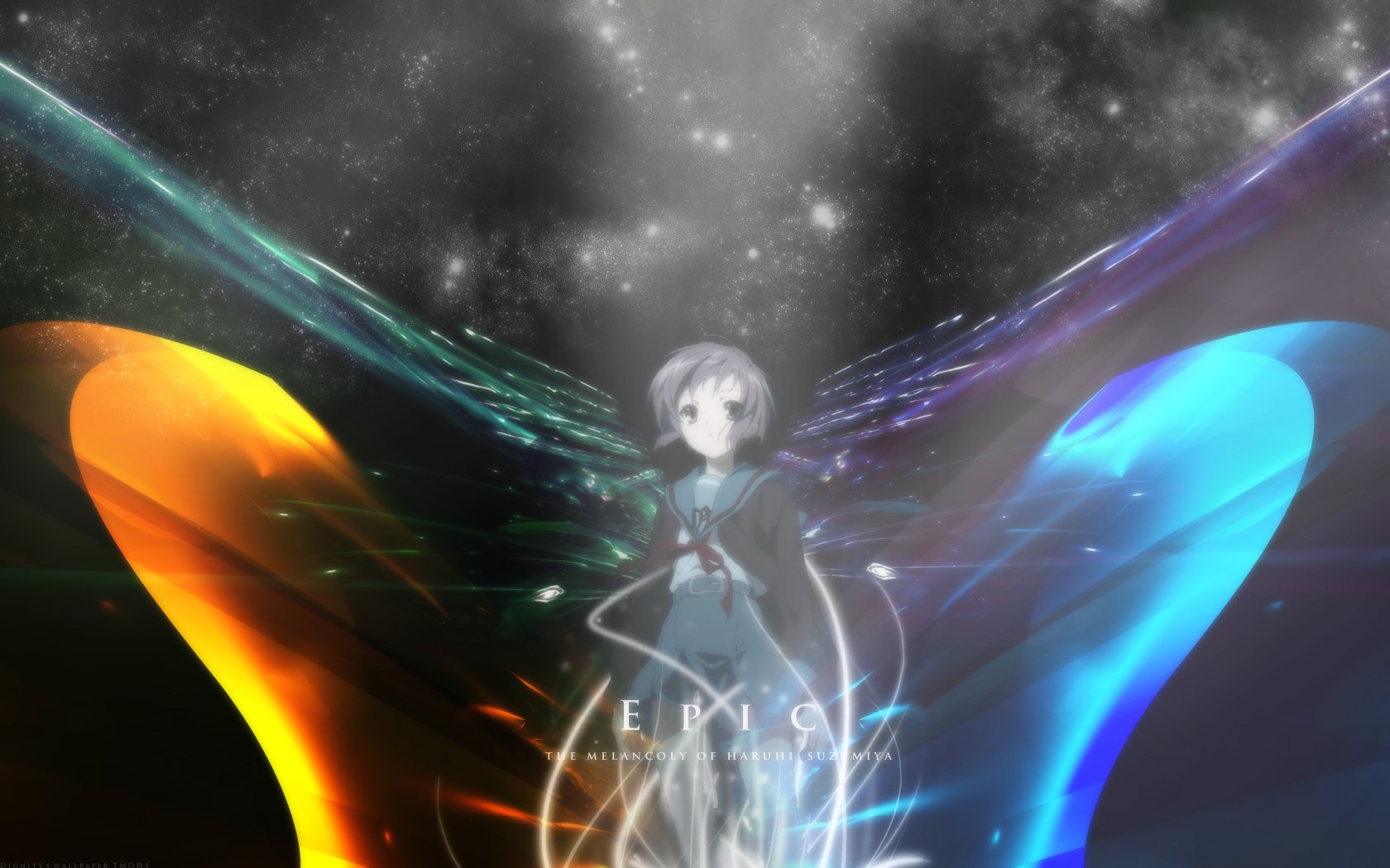HD PC desktop wallpaper featuring Yuki Nagato from the anime The Melancholy of Haruhi Suzumiya with vibrant orange and blue energy wings against a cosmic background.