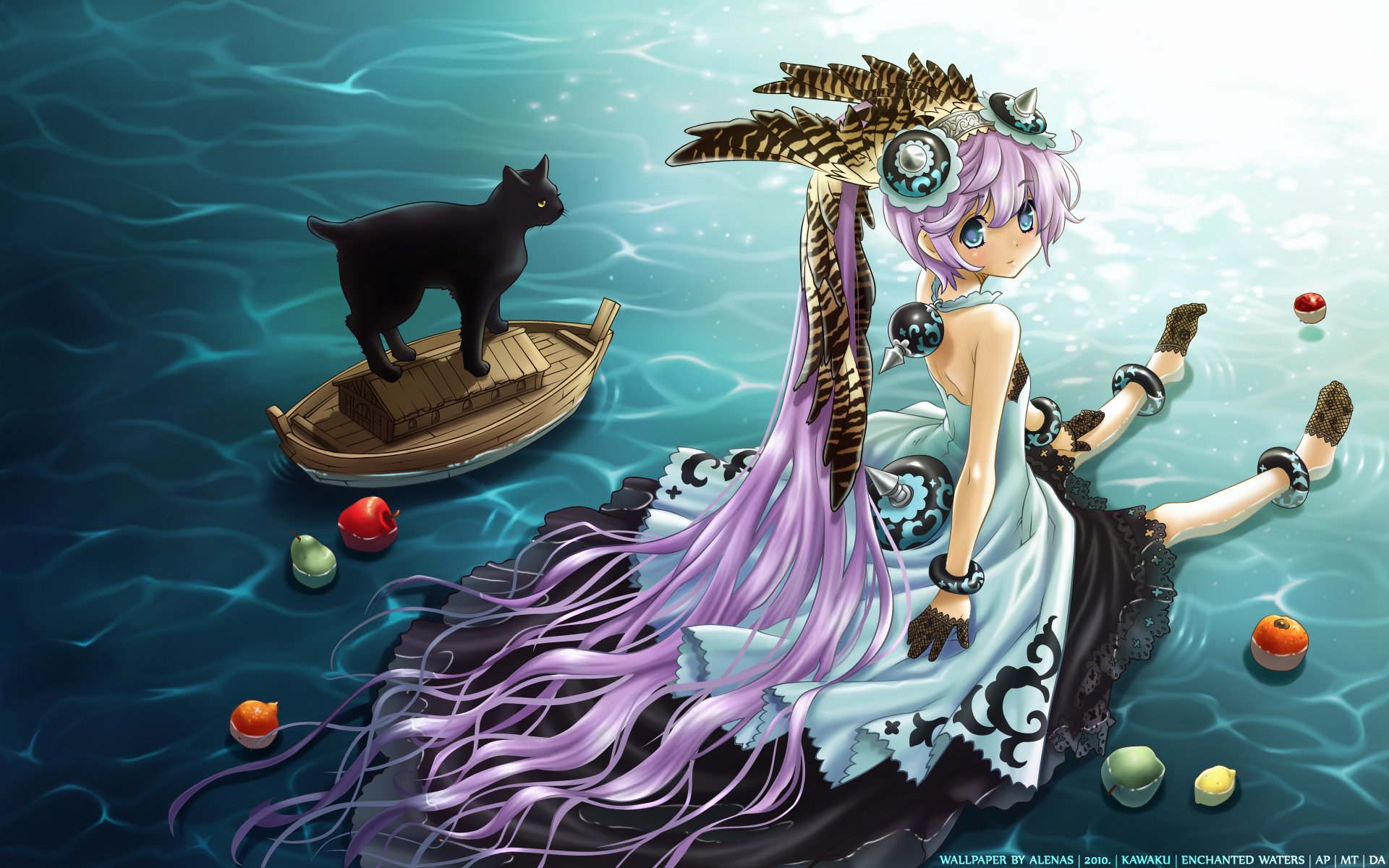 HD anime-style desktop wallpaper featuring a girl with long purple hair sitting by the water and a black anime cat standing on a small wooden boat.