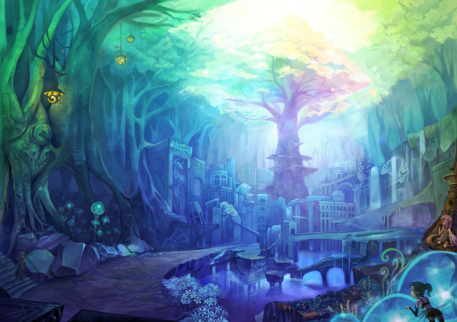 Anime-style original HD PC desktop wallpaper depicting a vibrant, mystical forest with glowing trees and fantasy ruins bathed in ethereal light.