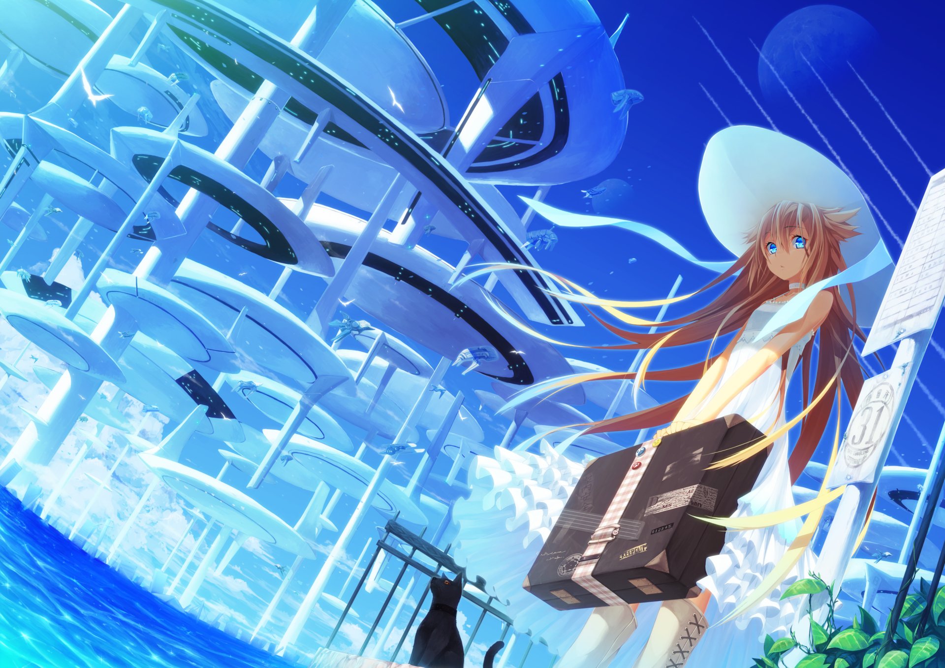 A vibrant, original anime-themed HD desktop wallpaper depicting a girl with flowing hair standing near futuristic architecture by the water, set against a bright blue sky.