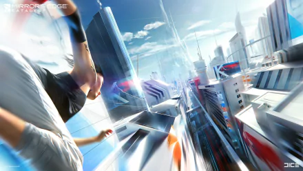 HD PC desktop wallpaper depicting Faith Connors in action from the video game Mirror's Edge Catalyst, showcasing a dynamic cityscape with futuristic buildings.