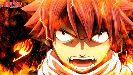 HD anime desktop wallpaper featuring Natsu Dragneel from Fairy Tail, depicted with intense fiery effects and a fierce expression.