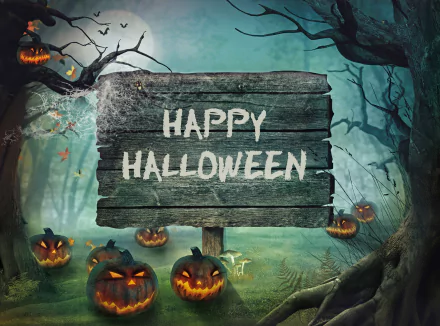 A spooky Halloween scene featuring a wooden sign reading Happy Halloween, surrounded by glowing jack-o'-lanterns, dark trees, and a mysterious moonlit background.