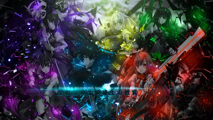 HD PC desktop wallpaper featuring vibrant characters from the anime Sky Wizards Academy in dynamic poses with colorful lighting effects and a futuristic atmosphere.