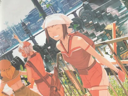 Anime original HD PC desktop wallpaper: three cheerful adventurers on a sunlit balcony overlooking a sprawling futuristic city, warm tones and a richly detailed background.