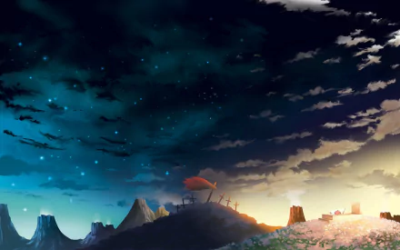 Anime landscape from Tengen Toppa Gurren Lagann featuring a grave on a hill under a starry sky, captured in HD for PC desktop wallpaper and background.