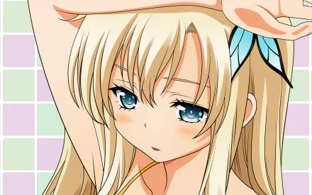 HD anime desktop wallpaper featuring Sena Kashiwazaki from Boku Wa Tomodachi Ga Sukunai with long blonde hair and blue eyes against a pastel checkered background.