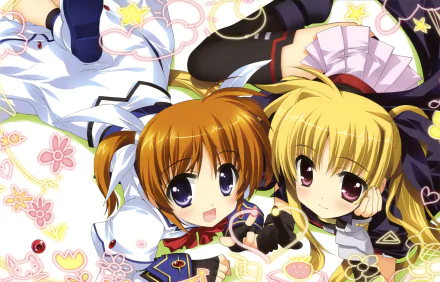 2K Quad HD PC desktop wallpaper: anime-style Magical Girl Lyrical Nanoha artwork showing two smiling girls lying together amid stars and pastel flowers.