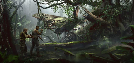 A detailed 4K Ultra HD Mafia III video game wallpaper showing two armed men exploring a dense jungle around a crashed wreckage.