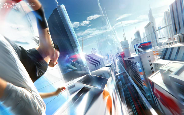 HD PC desktop wallpaper depicting Faith Connors in action from the video game Mirror's Edge Catalyst, showcasing a dynamic cityscape with futuristic buildings.
