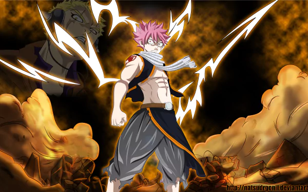 Natsu Dragneel from Fairy Tail stands ready in an intense fiery battlefield, depicted in vibrant 4K Ultra HD anime style for PC desktop wallpaper.