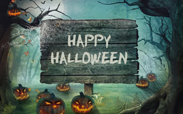 A spooky Halloween scene featuring a wooden sign reading Happy Halloween, surrounded by glowing jack-o'-lanterns, dark trees, and a mysterious moonlit background.