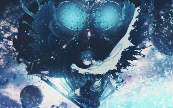 HD anime wallpaper featuring Oktavia von Seckendorff and Sayaka Miki from Puella Magi Madoka Magica with a dreamy, cosmic blue-toned background.