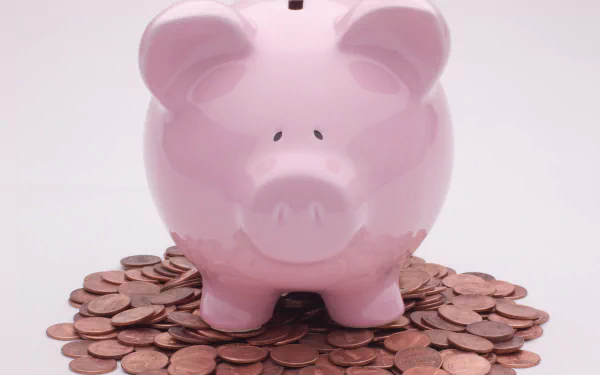 4K Ultra HD PC desktop wallpaper of a pink piggy bank atop a pile of coins — money, coin, man-made object on a white background.