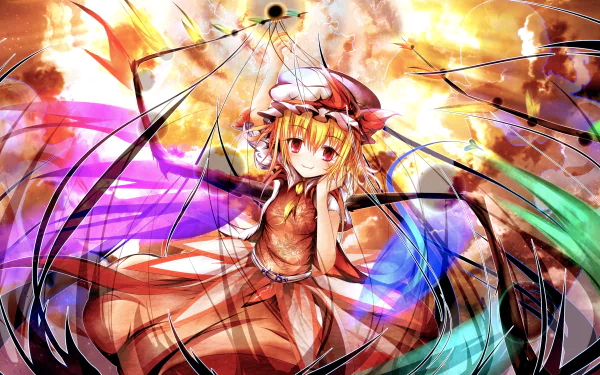 Vibrant 4K Ultra HD anime wallpaper featuring Flandre Scarlet from Touhou, surrounded by colorful energy ribbons and a dynamic, fiery background.