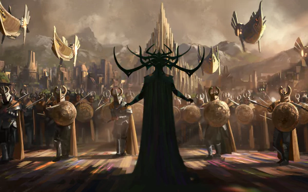 HD desktop wallpaper from the movie Thor: Ragnarok, featuring Hela (Marvel Comics) standing before an army in an epic, atmospheric scene.