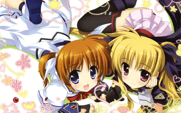 2K Quad HD PC desktop wallpaper: anime-style Magical Girl Lyrical Nanoha artwork showing two smiling girls lying together amid stars and pastel flowers.