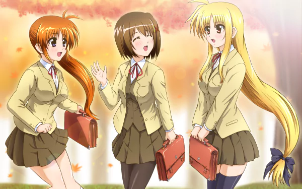 Anime HD desktop wallpaper featuring three Magical Girl Lyrical Nanoha characters in school uniforms holding briefcases, standing outdoors with a soft, glowing background.