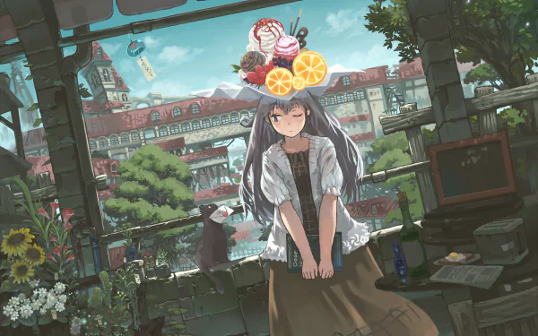 A cheerful anime girl stands in a sunlit room adorned with flowers, wearing a fruit-themed hat, with a vibrant background featuring a scenic view of buildings and greenery. HD PC desktop wallpaper.