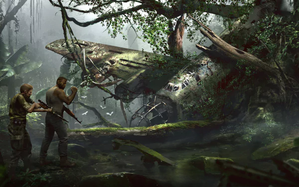 A detailed 4K Ultra HD Mafia III video game wallpaper showing two armed men exploring a dense jungle around a crashed wreckage.