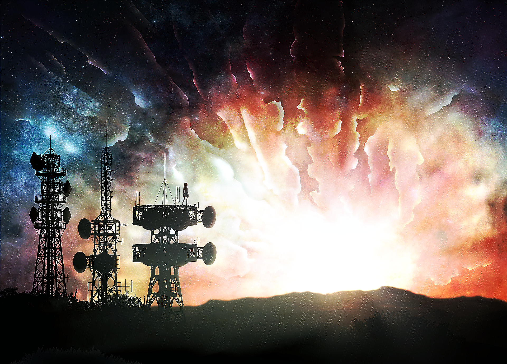 Stunning HD anime-style desktop wallpaper featuring towering communication towers against a vibrant cosmic explosion, blending colors and energy in an original artistic display.
