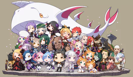 Chibi-style characters from Re:Zero - Starting Life in Another World gathered with a large whale, forming a HD desktop wallpaper and background.