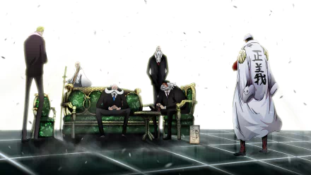 An atmospheric HD wallpaper featuring characters from the anime One Piece, showcasing a dramatic scene with a green couch and a minimalist background.