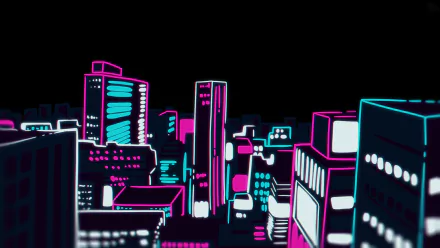 Vibrant HD wallpaper featuring an anime-inspired cityscape from Mob Psycho 100, showcasing neon buildings against a dark background.