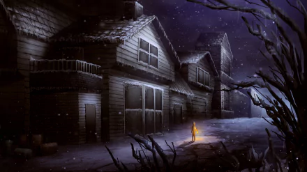 Dark fantasy winter night scene of a lone figure holding a lantern outside a snow-covered house, rendered in 4K Ultra HD for a PC desktop wallpaper.