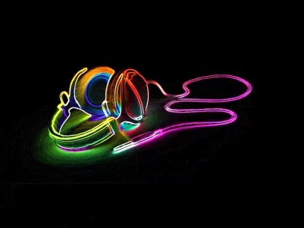 HD desktop wallpaper featuring a vibrant neon outline of headphones against a black background, symbolizing music and sound.