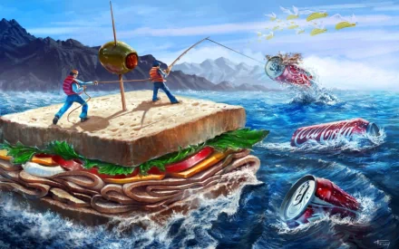 Two men fishing on a giant sandwich floating in the sea, surrounded by Coca Cola cans. The image is tagged with Hellblazer, lunch, fishing, sandwich, food, manmade, Coca Cola. HD desktop wallpaper background.