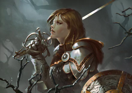 A fierce woman warrior with brown hair wearing intricate armor holds a sword, set against a dark, fantasy backdrop, showcasing strength and determination in a detailed 4K Ultra HD image.