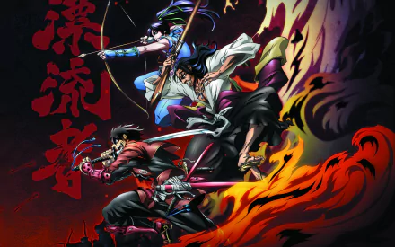 HD desktop wallpaper featuring characters from the anime Drifters, showcasing a dynamic composition of warriors with bows and swords amidst fiery elements and bold red text.