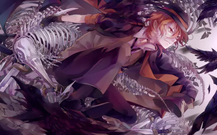 HD anime wallpaper featuring a character from Bungou Stray Dogs surrounded by skeletal structures and dark feathers, rendered in a dynamic, detailed style.