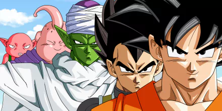 A vibrant HD desktop wallpaper featuring Monaka, Majin Buu, Piccolo, Vegeta, and Goku from the Dragon Ball Z and Dragon Ball Super anime series.
