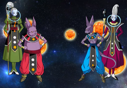 HD desktop wallpaper featuring characters from Dragon Ball Super, showcasing vibrant colors and celestial elements against a starry background.