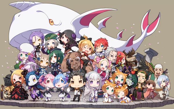 Chibi-style characters from Re:Zero - Starting Life in Another World gathered with a large whale, forming a HD desktop wallpaper and background.