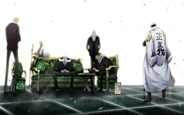 An atmospheric HD wallpaper featuring characters from the anime One Piece, showcasing a dramatic scene with a green couch and a minimalist background.
