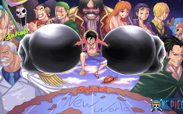 A vibrant HD desktop wallpaper featuring key characters from One Piece, including Monkey D. Luffy, Portgas D. Ace, and others, set against a dramatic backdrop of the New World.