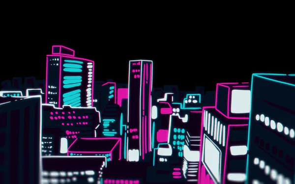 Vibrant HD wallpaper featuring an anime-inspired cityscape from Mob Psycho 100, showcasing neon buildings against a dark background.