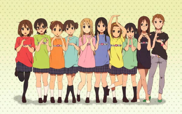 A vibrant HD wallpaper featuring characters from K-ON!, including Azusa Nakano, Ritsu Tainaka, Yui Hirasawa, and others, all posing cheerfully together.