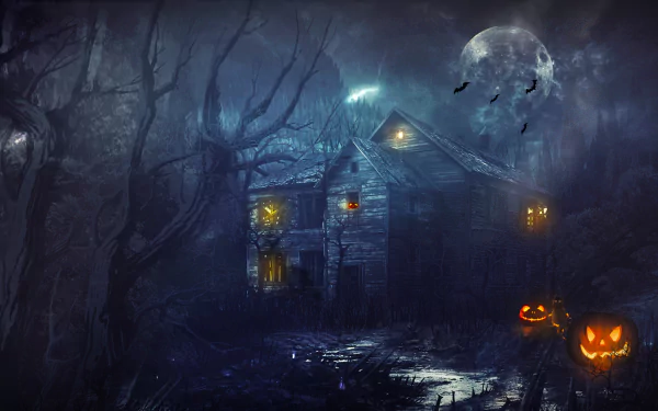 HD desktop wallpaper of a scary, haunted house at night, with jack-o'-lanterns glowing and bats flying against a full moon. Perfect Halloween holiday vibe.