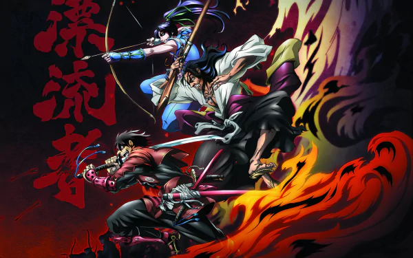 HD desktop wallpaper featuring characters from the anime Drifters, showcasing a dynamic composition of warriors with bows and swords amidst fiery elements and bold red text.