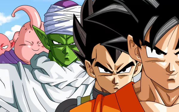 A vibrant HD desktop wallpaper featuring Monaka, Majin Buu, Piccolo, Vegeta, and Goku from the Dragon Ball Z and Dragon Ball Super anime series.
