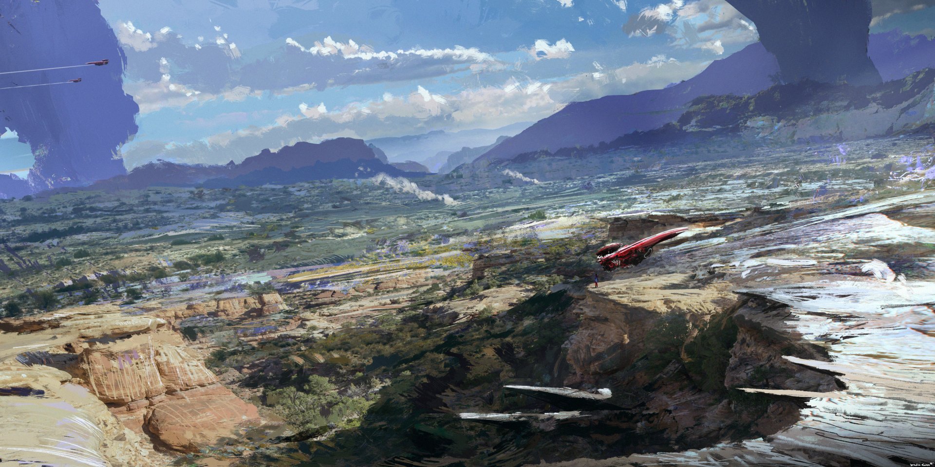 HD PC desktop wallpaper featuring a vast sci-fi landscape with rocky terrain, distant mountains, and futuristic elements under a bright, partly cloudy sky.